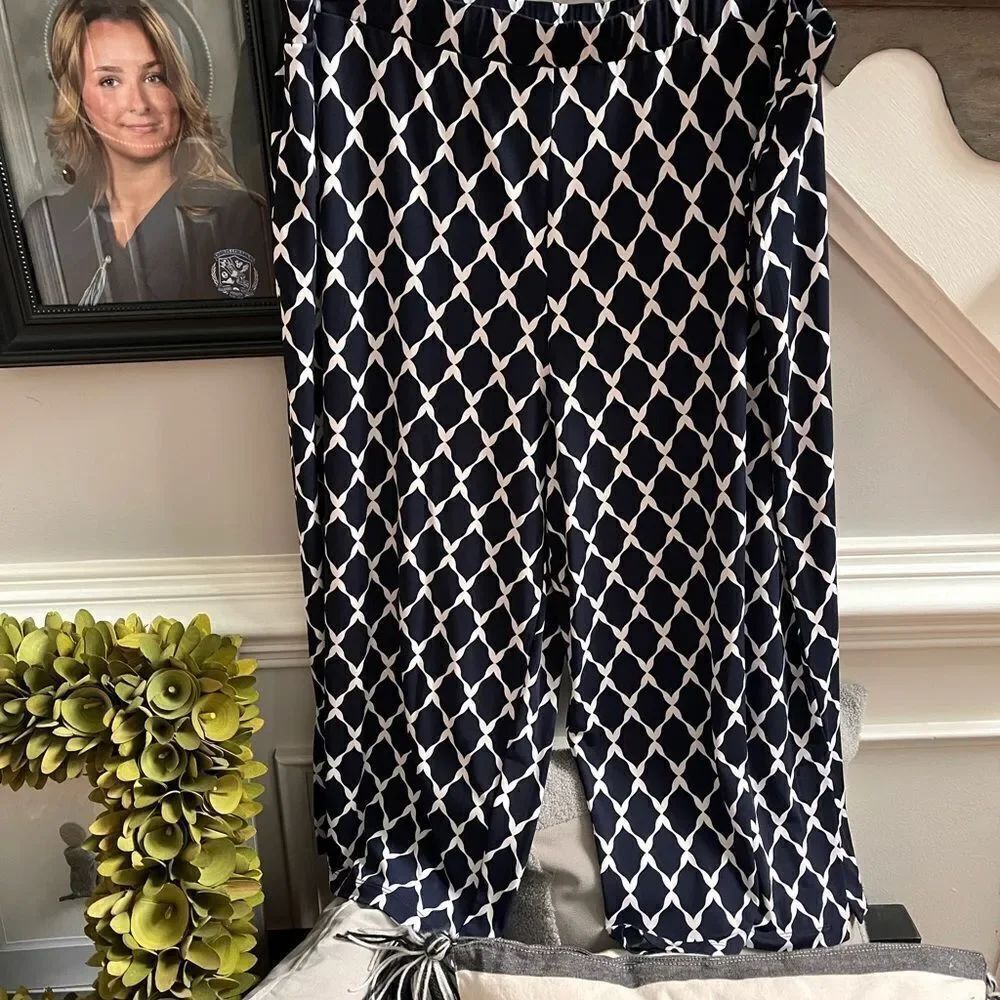 Susan Graver Navy & White Print Cropped Wide Leg Pull On Pants sz XL NWOT